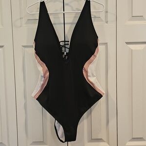 TA3 Plungey Triangle Black One-Piece Swimsuit with Rose and White Paneling